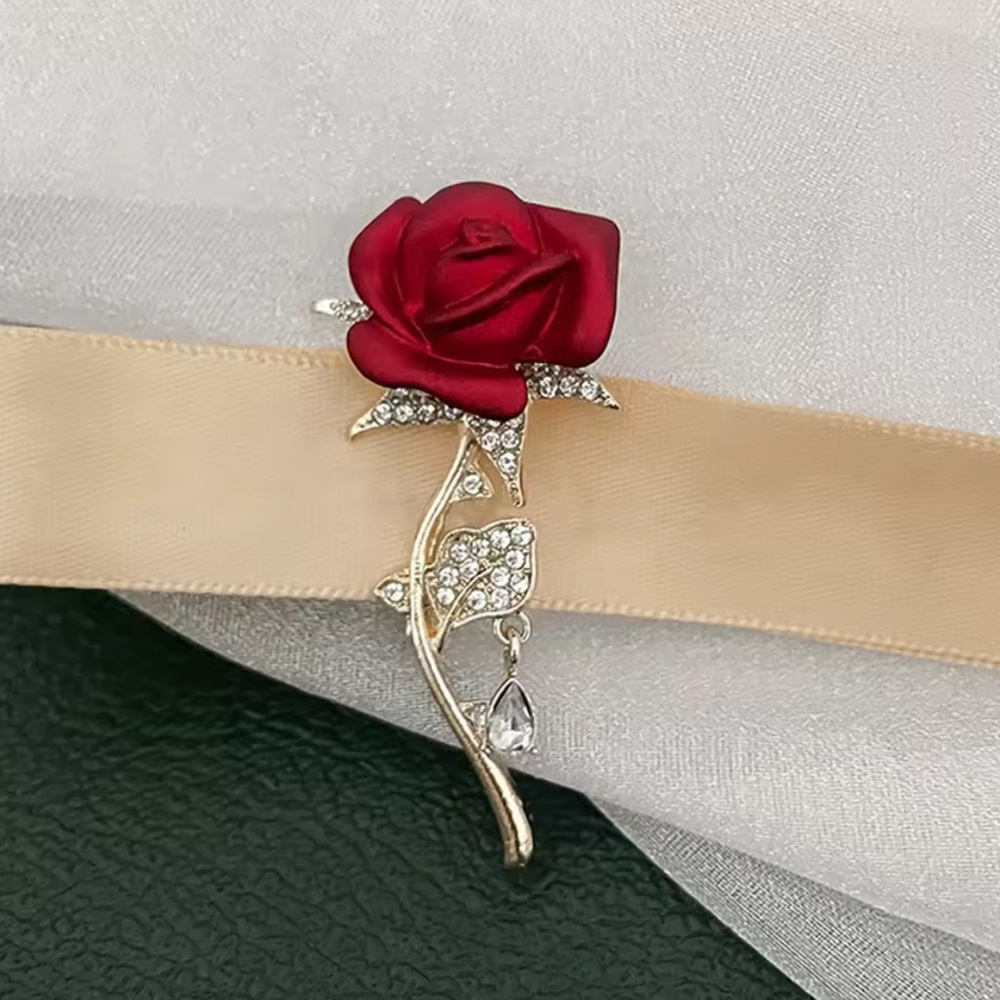 Elegant Red Rose Brooch with Silver Accents